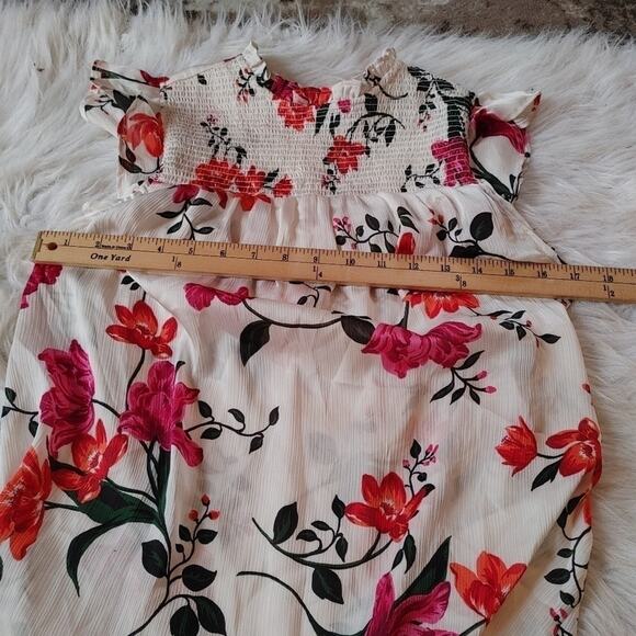 Old Navy Size Xs White Pink Red Floral Blouse Top Sheer Frill Rouched Stretchy - Picture 3 of 9
